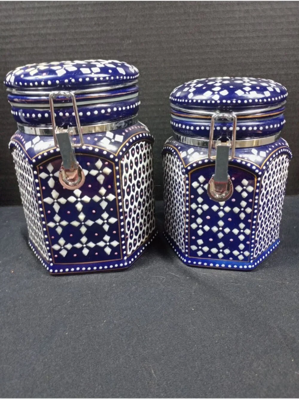 Vintage Boho 2PC set of Pier 1 Moroccan Hand Painted Cobalt Blue and White Kitch